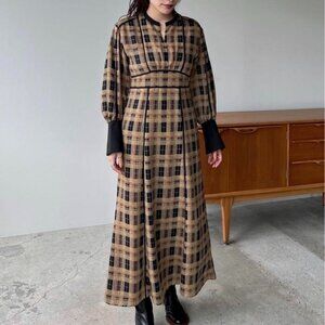 NWT Clane Checked Piping Long Sleeve Maxi Dress